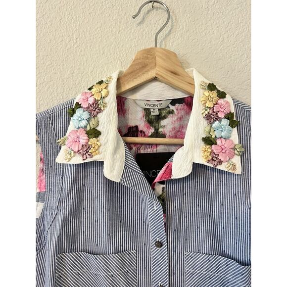 Vincente Tunic Top White Blue Sleeveless Floral Collar Hi Lo Hem Size Medium - Picture 2 of 16